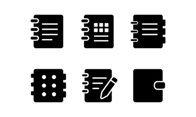 Set of black notebook icons in minimalist silhouette style for digital and print use