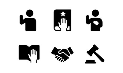 Legal and ethical icon set featuring pledge, handshake, and gavel symbols
