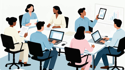 Business team in meeting with laptops and charts