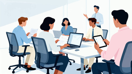 Business team in meeting with devices