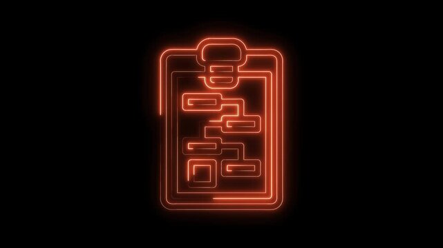Glowing neon flowchart illustration on clipboard against black background in seamless loop