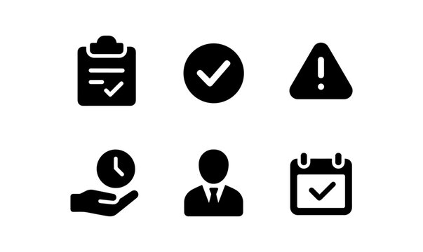 Essential black icons: checklist, alert, clock, business, and calendar symbols