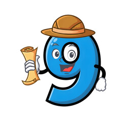 3d icon of funny cartoon blue number 9 character dressed as an explorer with a hat and scroll, isolated on transparent background