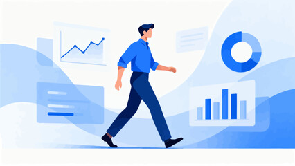 Obraz premium Man walking with data charts around him