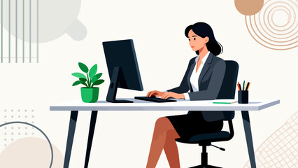 Woman working at desk with computer