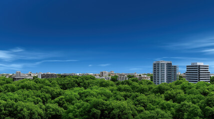 Obraz premium City skyline view with green trees under a clear blue sky