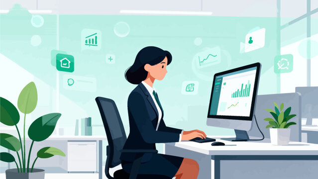 Woman working at computer in modern office