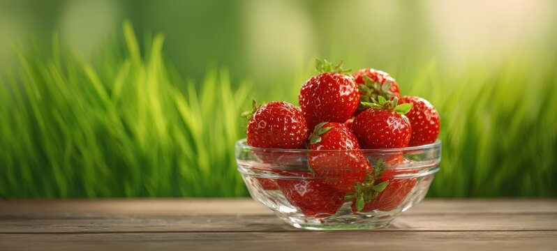 The vibrant strawberries in a glass bowl set against a natural backdrop.