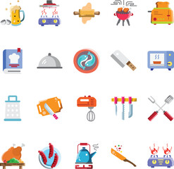 Cooking and food icon set. For food preparation with various kitchen tools and ingredients, suitable for culinary websites, recipes, and cooking blogs. Flat icon collection. Editable stroke.
