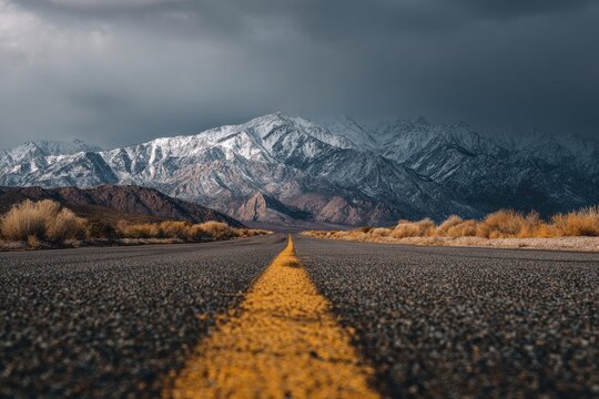 An empty asphalt road stretches towards snow-capped mountains under a dramatic, cloudy sky
