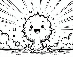 Happy Cartoon Explosion Character Illustration - Black and White Manga Style