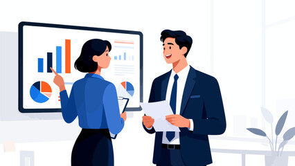 Business professionals discussing data charts