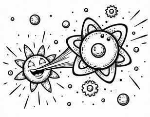 Black and White Cartoon Sun and Atom Energy Connection Illustration