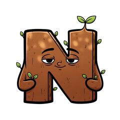 3d icon of cute cartoon letter n made of wood with green leaves growing from it, isolated on transparent background
