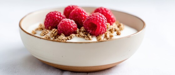 The Yogurt Bowl with Raspberry Toppings and Crunchy Granola on White Surface