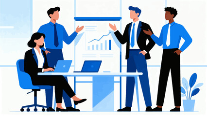 Business team in meeting with charts and laptops