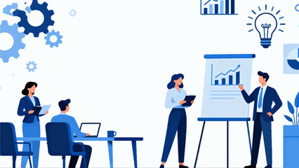 Business team in meeting with charts and gears