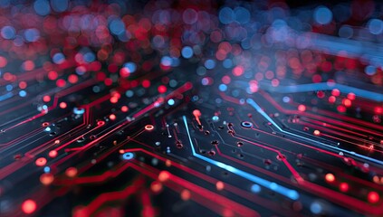 Abstract close-up of a circuit board with vibrant red and blue bokeh effect