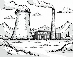 Hand-Drawn Industrial Power Plant with Cooling Tower and Chimney Illustration