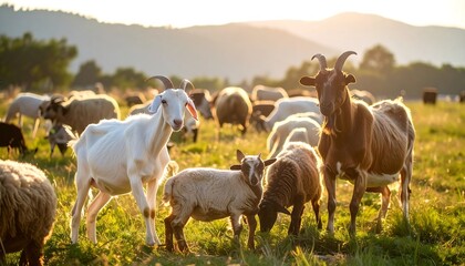 Goats and sheep grazing in a field at sunset