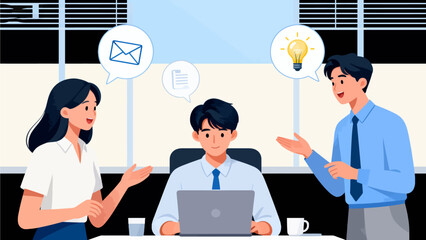 Three people collaborating in office setting