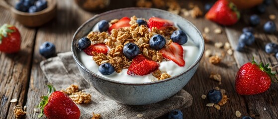 The Yogurt Bowl with Granola and Fresh Berries on Rustic Wooden Table