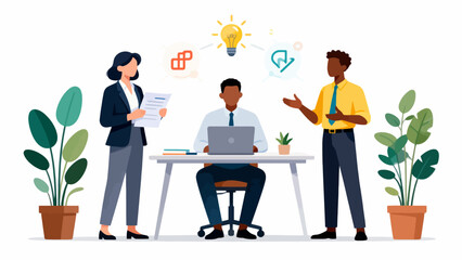 Three people in business meeting with laptop and plants