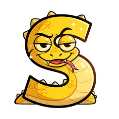 3d icon of a mischievous cartoon letter s character resembling a yellow snake with sparkling scales, isolated on transparent background