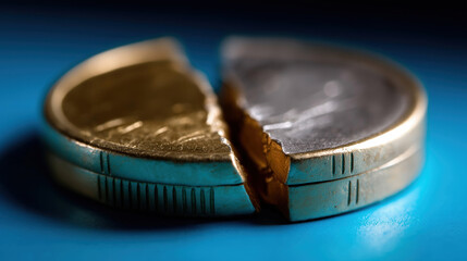 Broken coin halves separated on a blue background