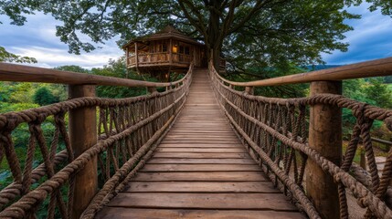 Obraz premium Scenic treehouse bridge leading to a cozy wooden structure amidst lush greenery under a cloudy sky