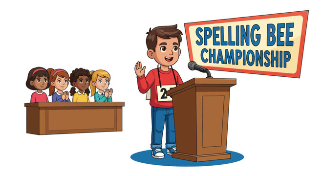 Cheerful Boy Competing in Spelling Bee Championship Event.