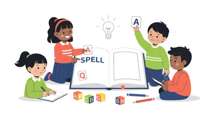 Diverse children learning to spell with a large book and letter blocks. © il