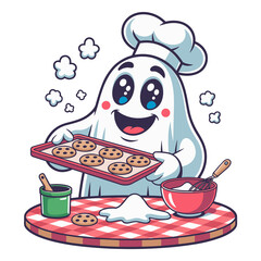 Cute cartoon ghost baking cookies on table with ingredients
