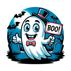 Cartoon ghost holding Boo sign in cemetery on transparent background