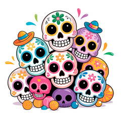 Group of smiling sugar skulls with hats on transparent background