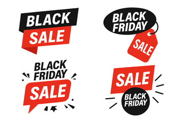 Black Friday sale vector banner set. Collection of modern promotional labels, discount tags and special offer stickers for advertising. Red and black graphic design elements.
