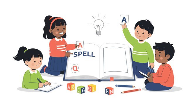 Diverse children learning to spell with a large book and letter blocks.