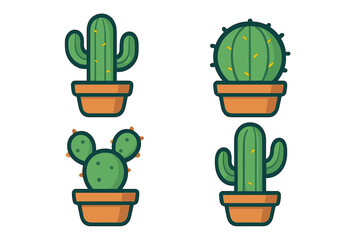 Cactus icon set. Vector collection of cute cartoon succulents in pots. Flat design graphic illustration for summer concepts. Desert plant, houseplant, and nature elements isolated.
