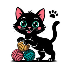 Smiling black cartoon cat playing with colorful yarn balls