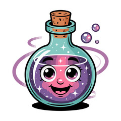 Cartoon magic potion bottle with smiling face and sparkles