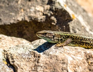 Fototapeta premium Lizard on rocks, sunny day