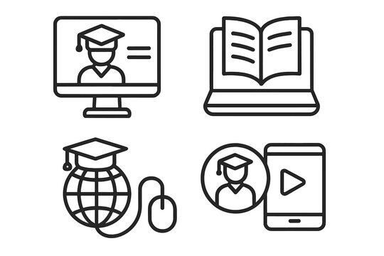 E-learning and online education vector icon set. Linear symbols for digital university, webinar, and distance courses. Student graduation, online library, and global knowledge.