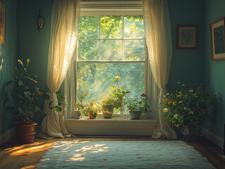 The sunlight and red flowers on the windowsill