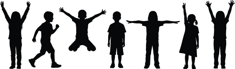Silhouette of happy children playing, running, jumping, raising hands, active kids in motion, joyful childhood activities, isolated black figures, group fun