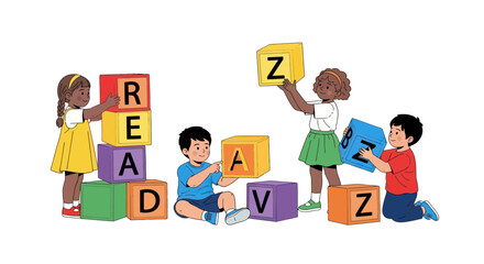 Children Playing with Colorful Alphabet Blocks Spelling READ and AZ.