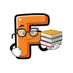 3d icon of intelligent orange letter f wearing glasses and holding a stack of books, isolated on transparent background