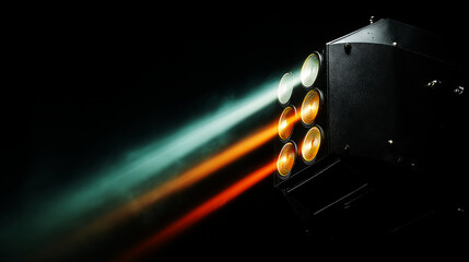 Stage lighting fixture emitting colorful light beams through smoke