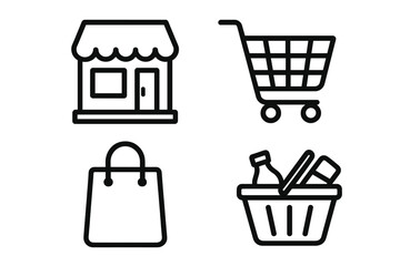 Shop store retail line icon set for e-commerce and business. Supermarket vector graphics with cart, basket, bag symbols. Marketplace outline elements for web and apps.