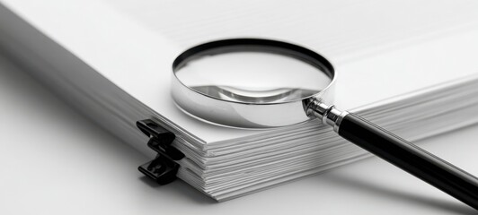 The magnifying glass highlighting important details on a stack of documents.