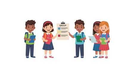 Diverse cartoon students holding books and a checklist engaged in learning.